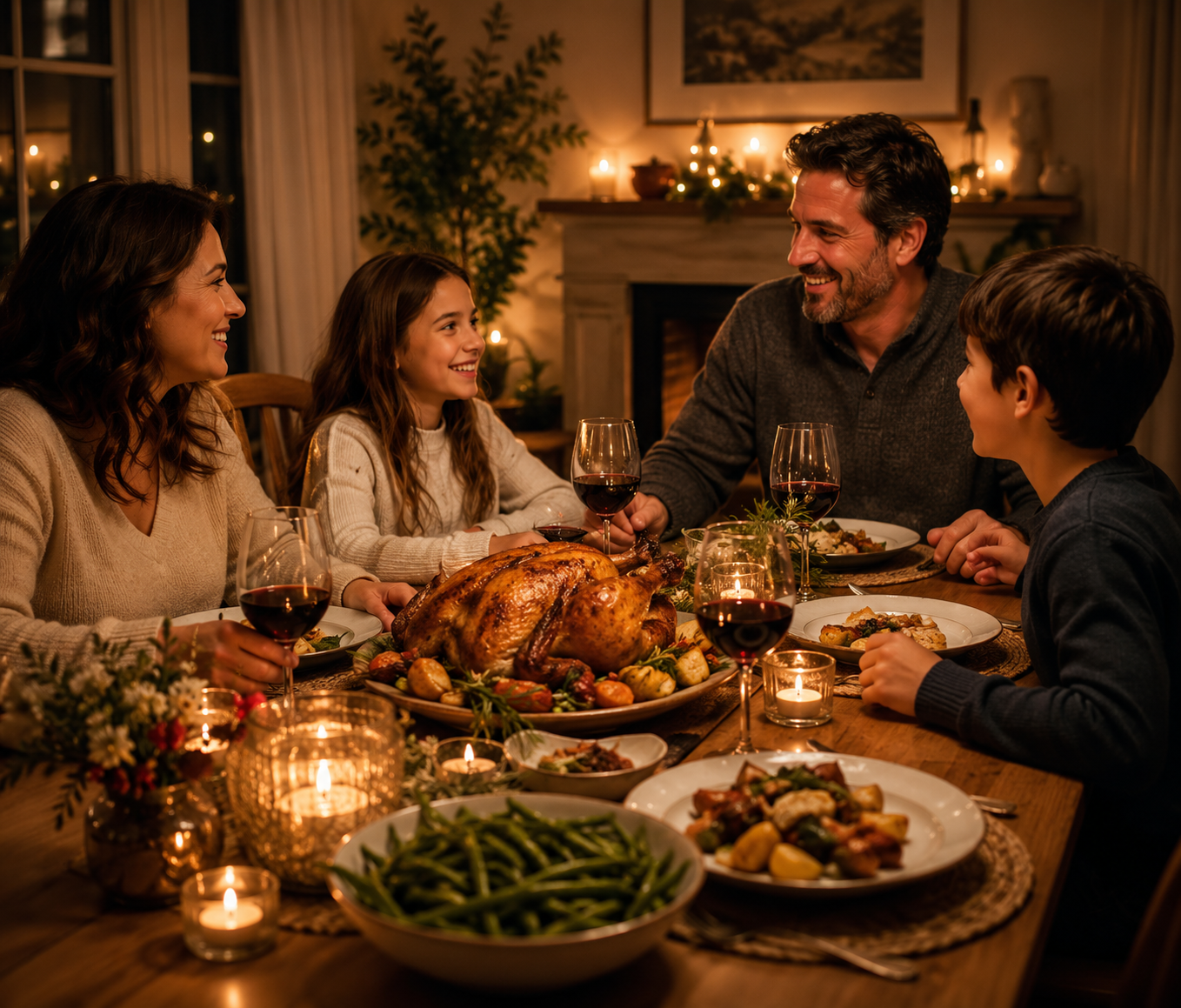 Cozy family dinner table with warm lighting and home cooked meal