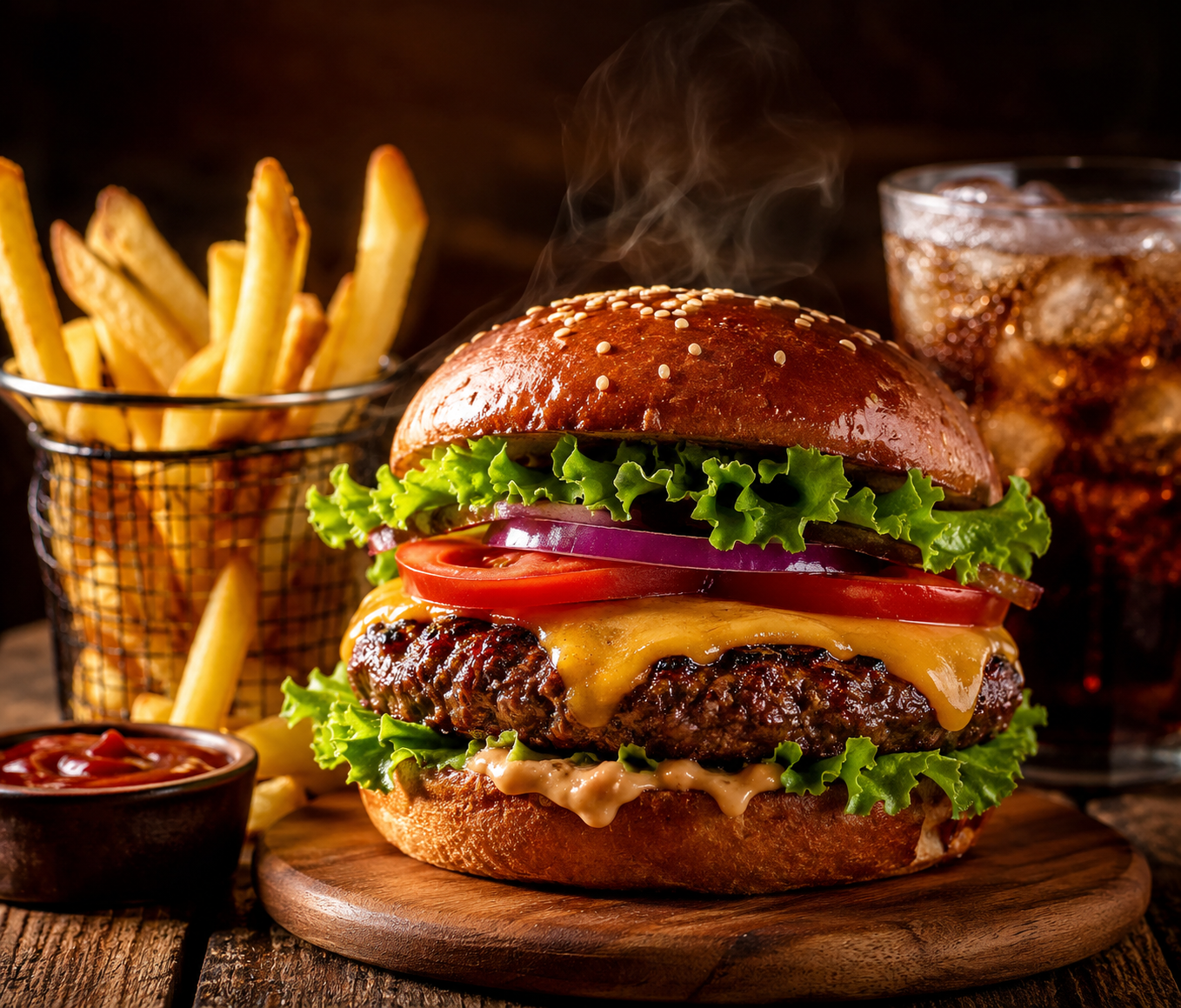 Delicious juicy hamburger with golden french fries