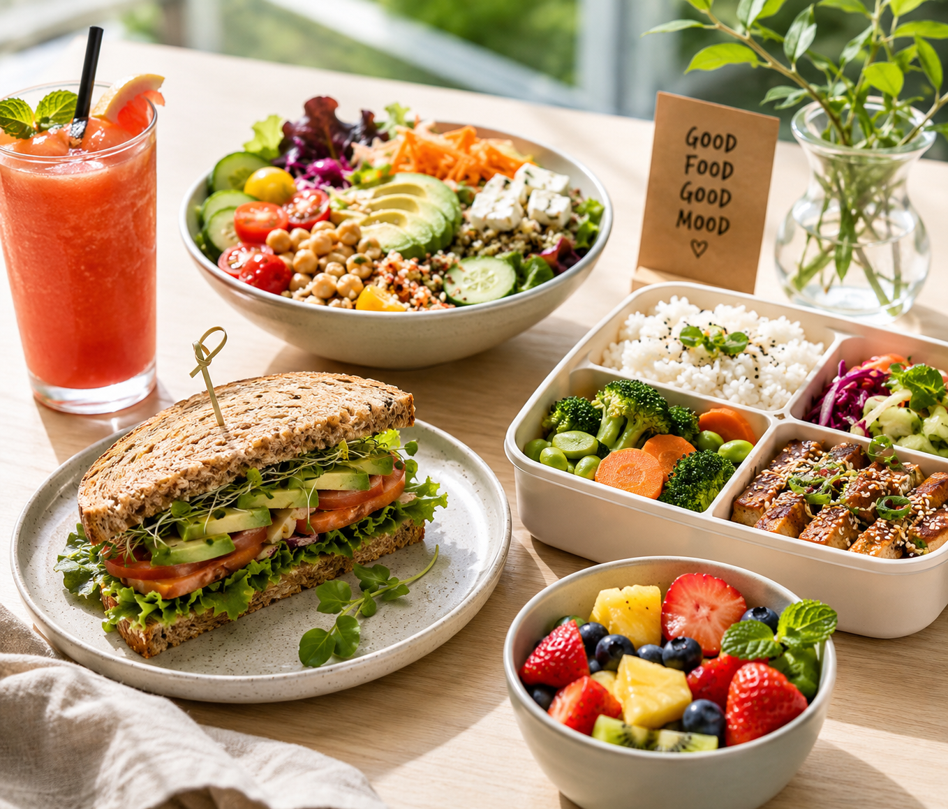 Fresh healthy lunch meal with sandwich salad bento box