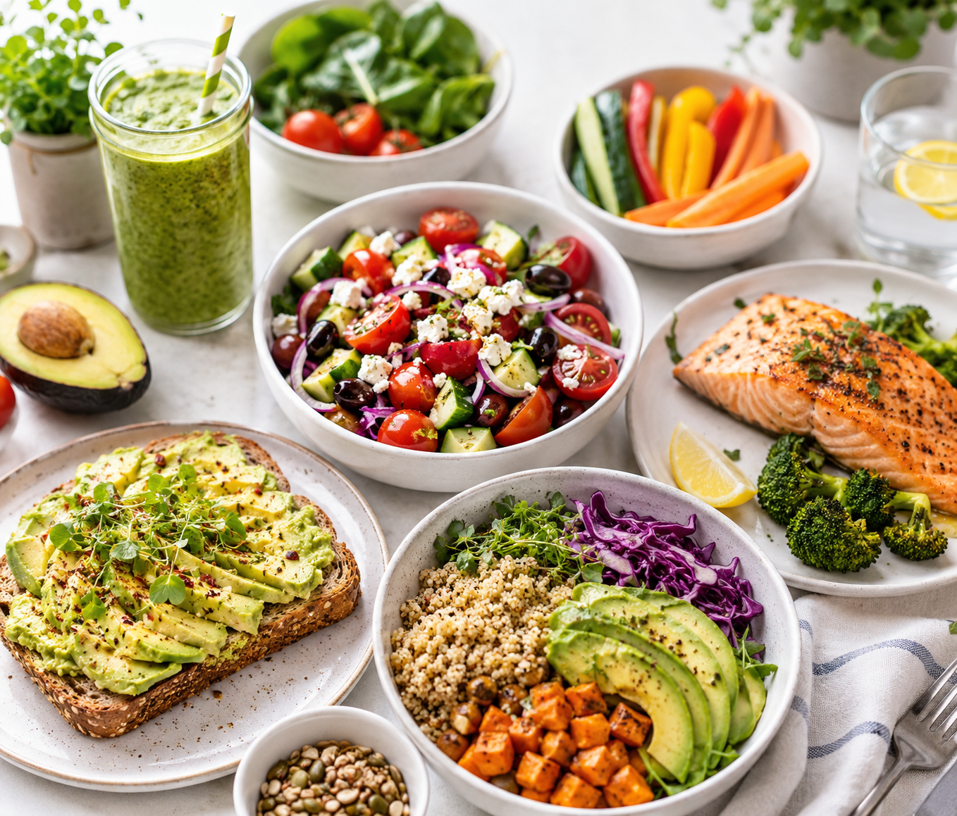 Fresh colorful healthy food including avocado toast salad grilled salmon quinoa bowl