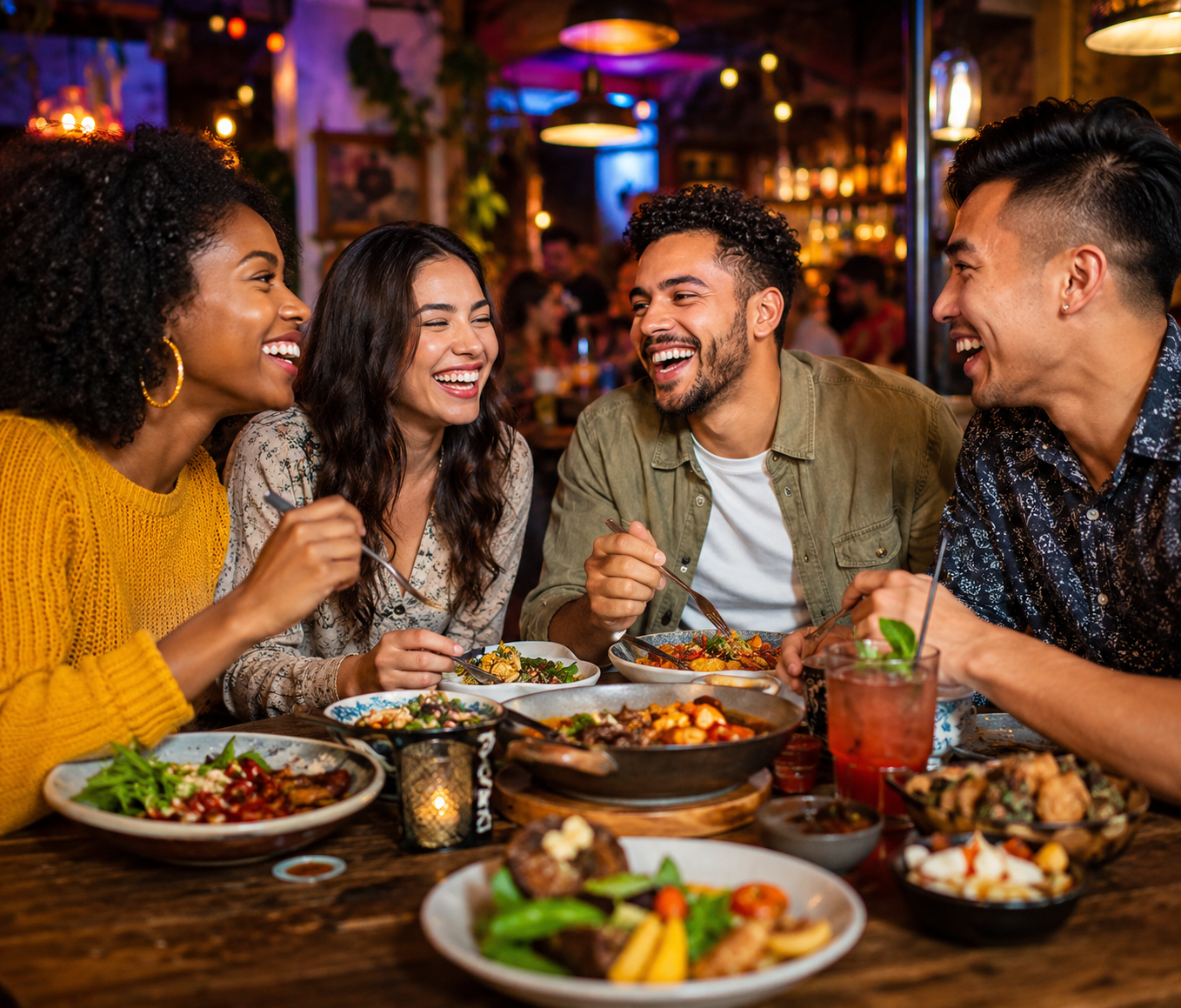 People enjoying delicious food together at restaurant